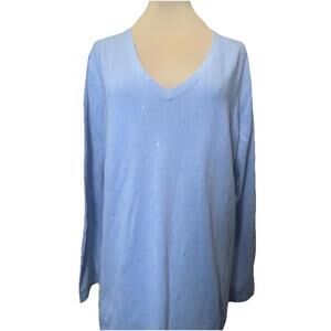 New! DKNY Jeans Ladies' Rhinestone Embellished Light Blue V Neck Sweater XXL